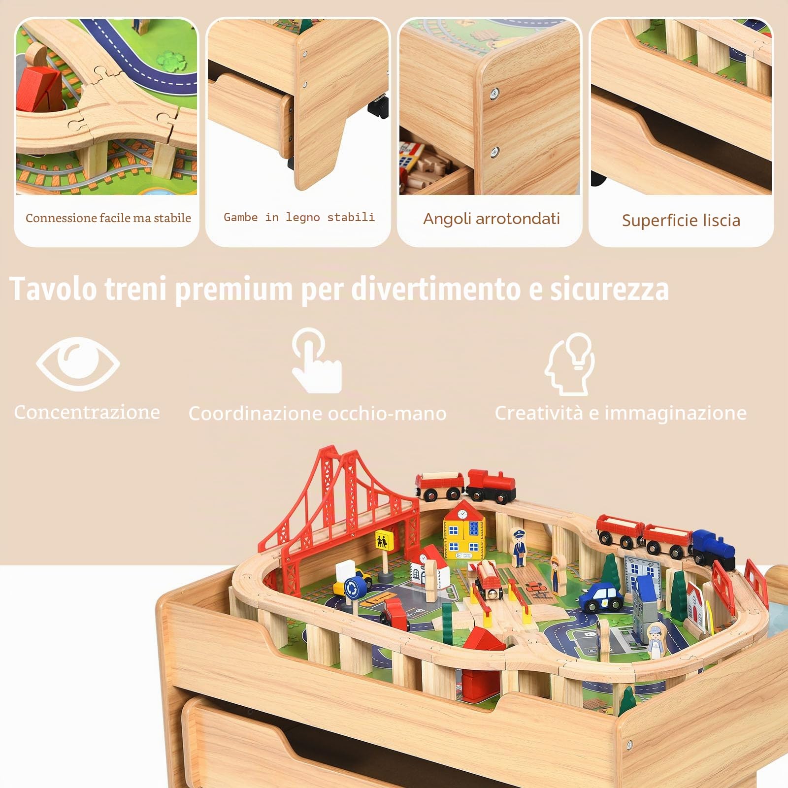 LIFEZEAL Tavolo da gioco ferrovia legno, set 100 pezzi, cassetto portaoggetti mobile, multifunzione 3 anni, costruire