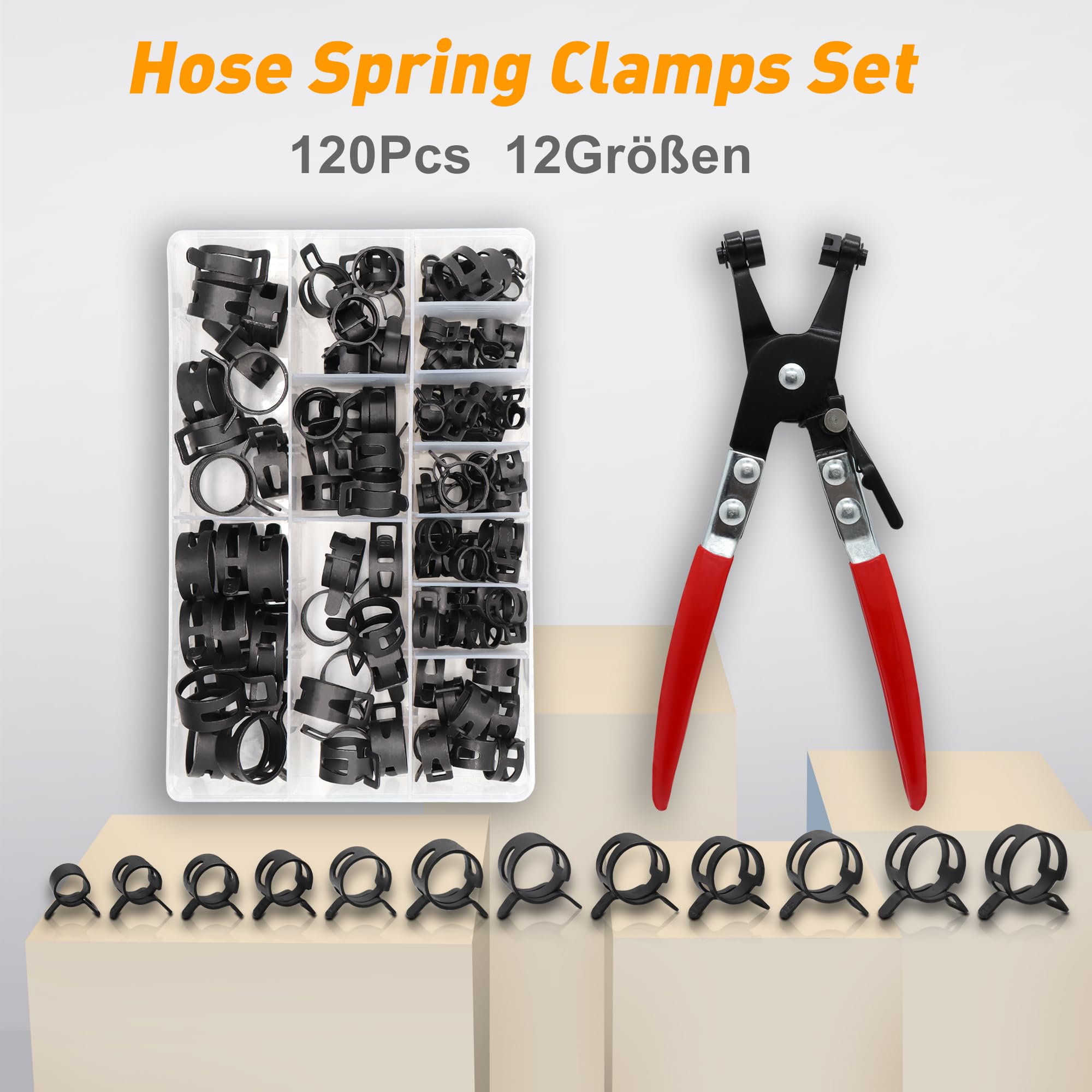 DIYoung 120 Pièces Colliers de Serrage à Ressort 7-22 mm, Noir Clips à Ressort avec Pince, pour Tuyaux et Conducteurs de Carburant (12 Tailles + Pince)