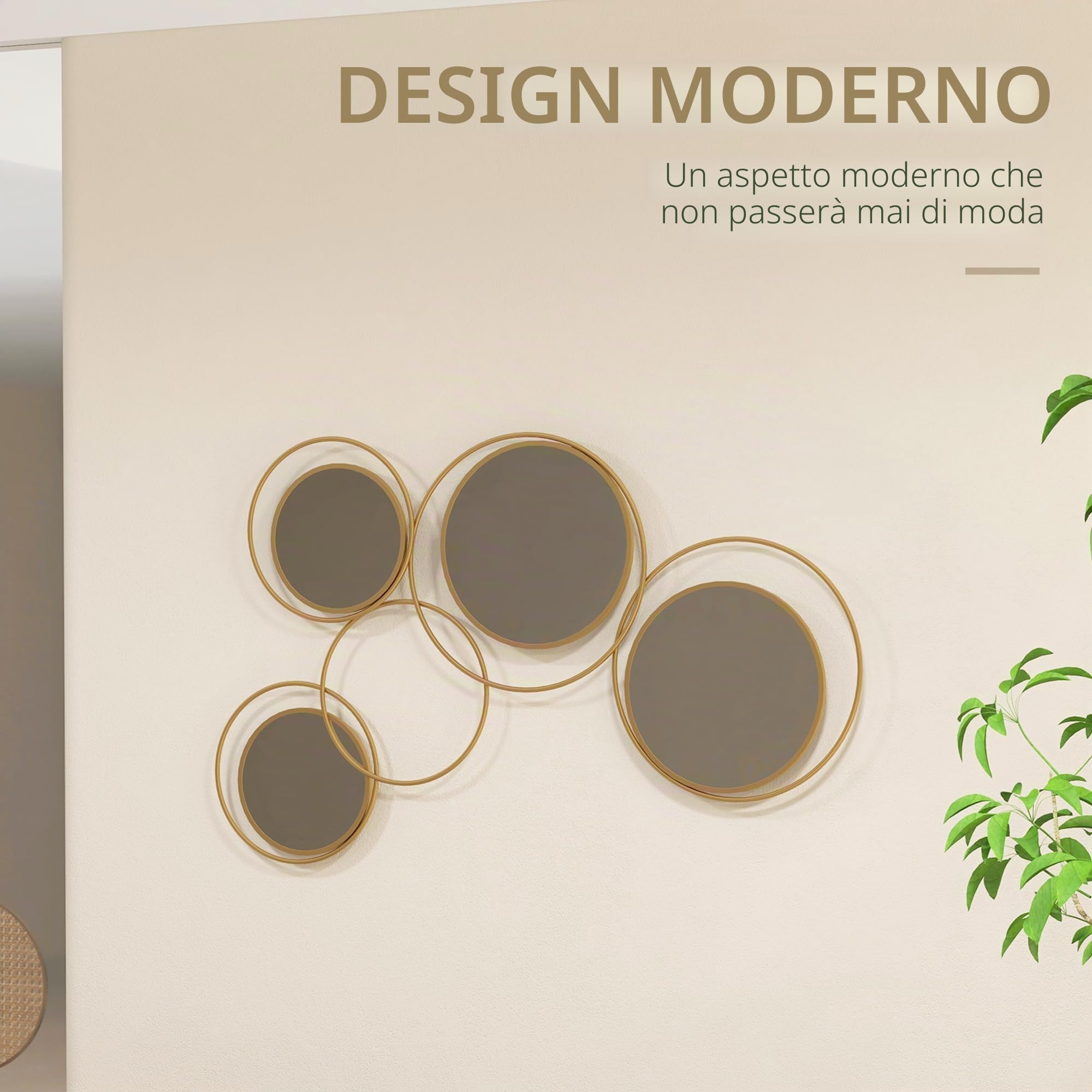 HOMCOM Specchio da parete in metallo 3D 4 specchi 110x68cm Oro | Decorazione murale rotonda in metallo per soggiorno, camera da letto, corridoio