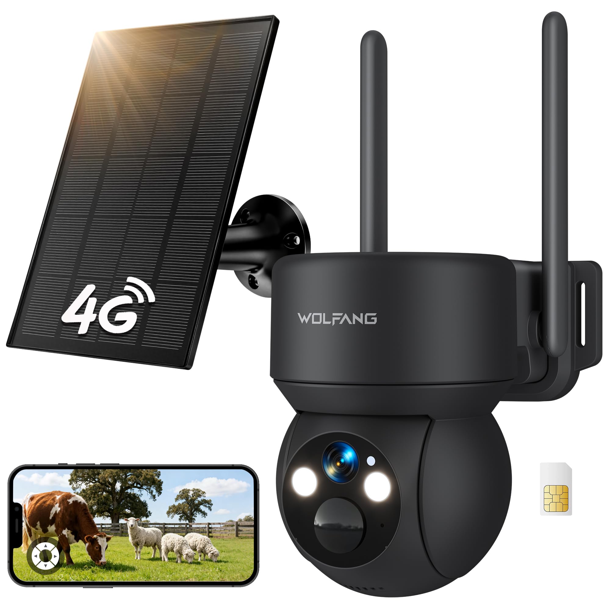 WOLFANG Telecamera Esterno 4G con SIM, Telecamera Esterno 360° PTZ, Visione Notturna a Colori, Rilevazione di Movimento PIR con Allarme, IP66, Audio a 2