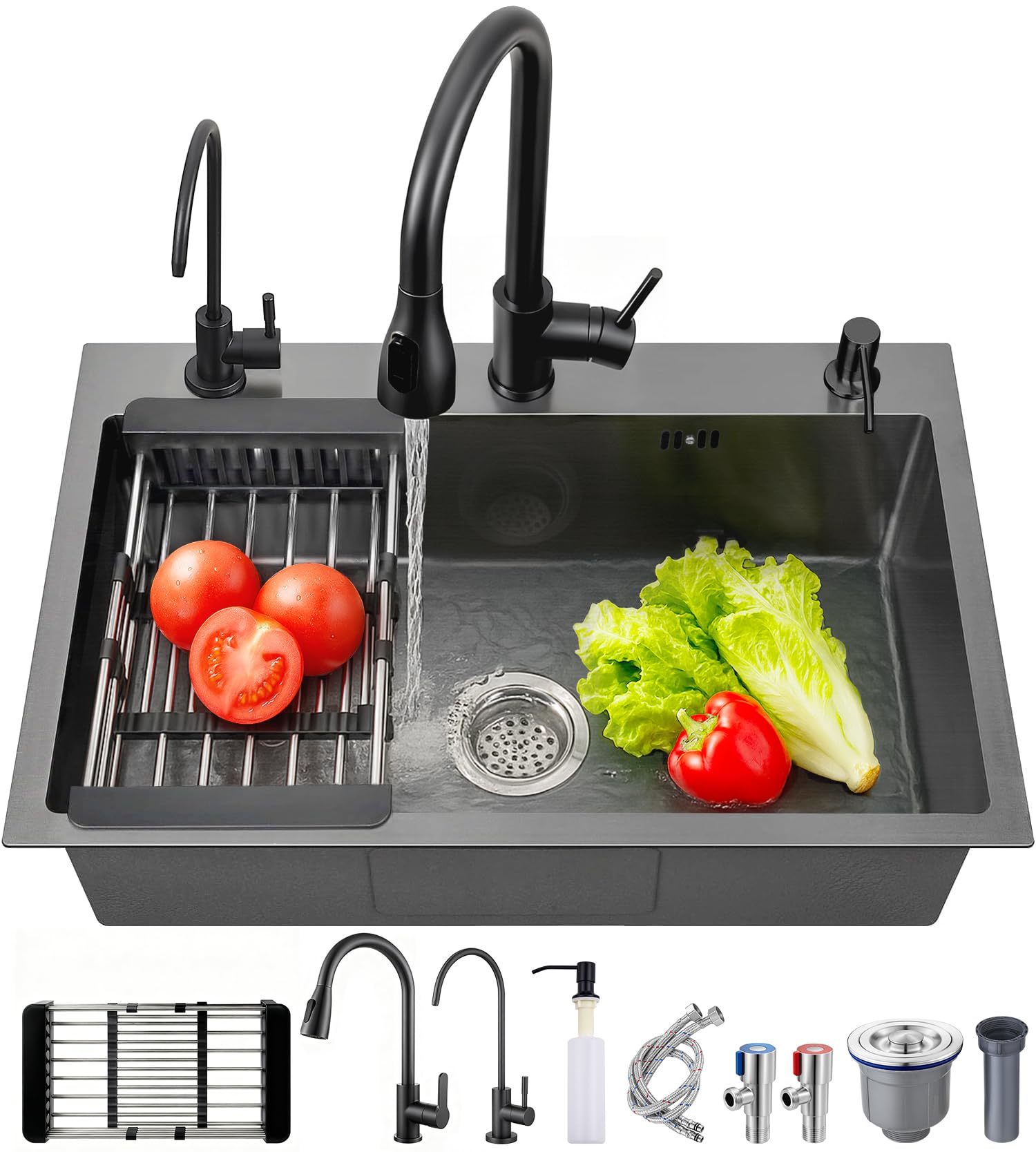 Fregadero Cocina 1 Seno Acero Inoxidable con Grifo Extraíble, Dispensador Jabón, Purificador Agua, Negro Gris 24x17.7 in