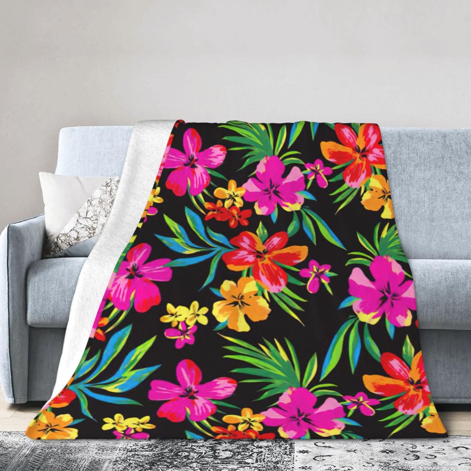Uusnwaa Soft Cosy Fleece Warm Throw Hawaiian Colorful Flower Print Blanket