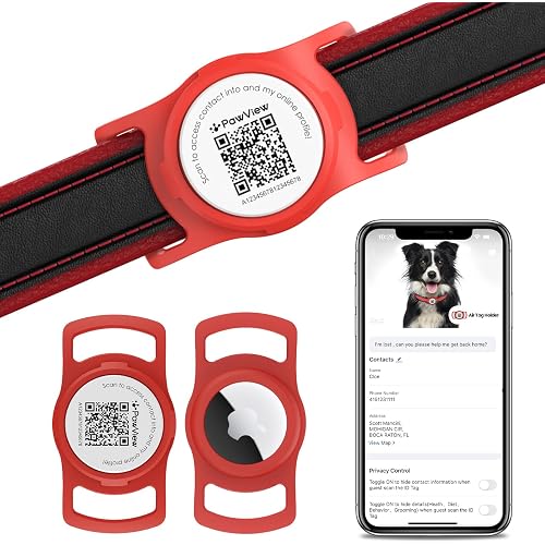 for air tag Dog Collar Holder with QR ID, Durable & Waterproof Silicone for air tag Case Accessories, Scan Alert, Instant Location, Pet Online Profile, Contacts Info (1 Pack, Red)