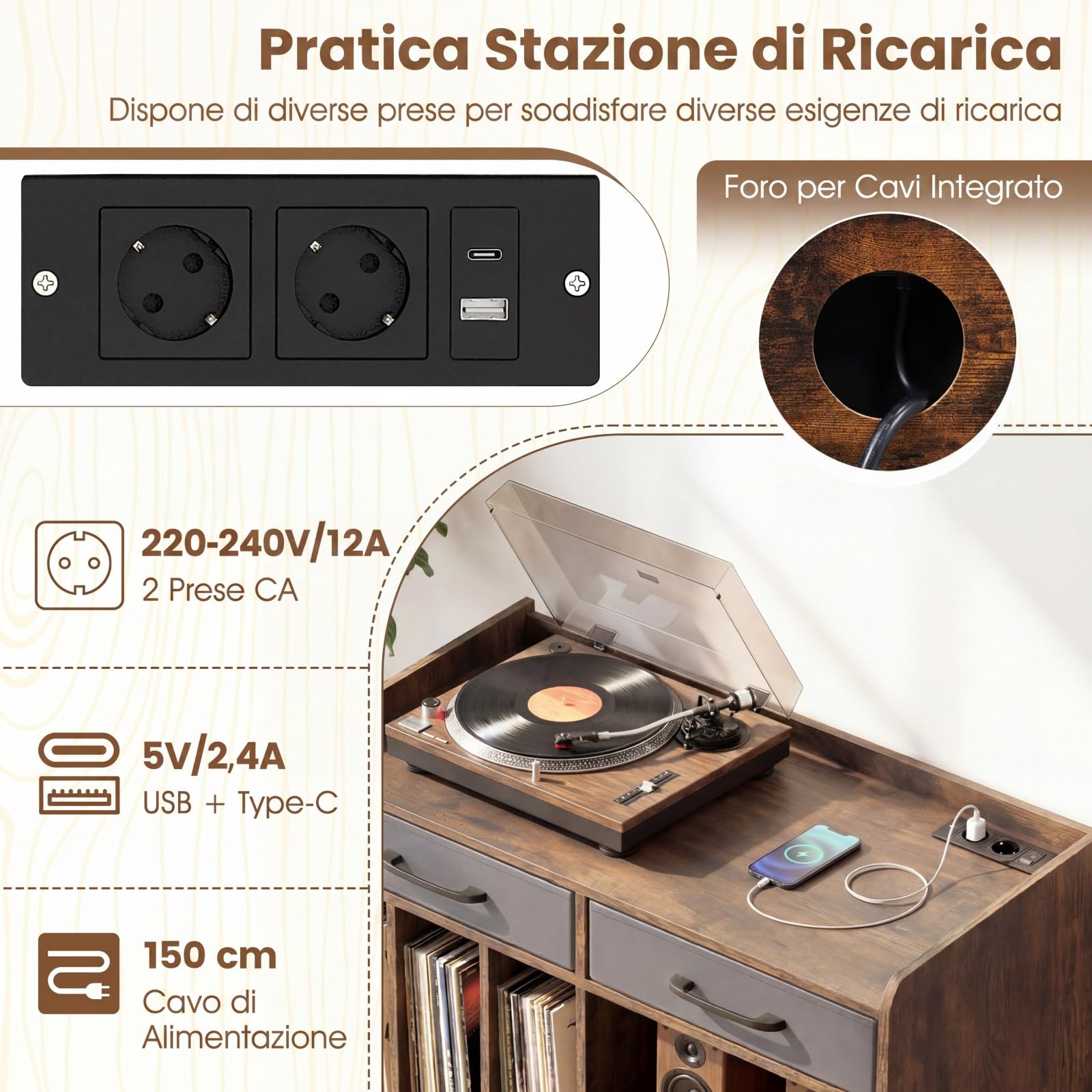 COSTWAY Supporto per Giradischi in Vinile, Mobile per Giradischi con Stazione di Ricarica, 2 Cassetti Rimovibili in Tessuto e Ripiano Regolabile, Supporto Porta Dischi Vinile per Soggiorno, Studio