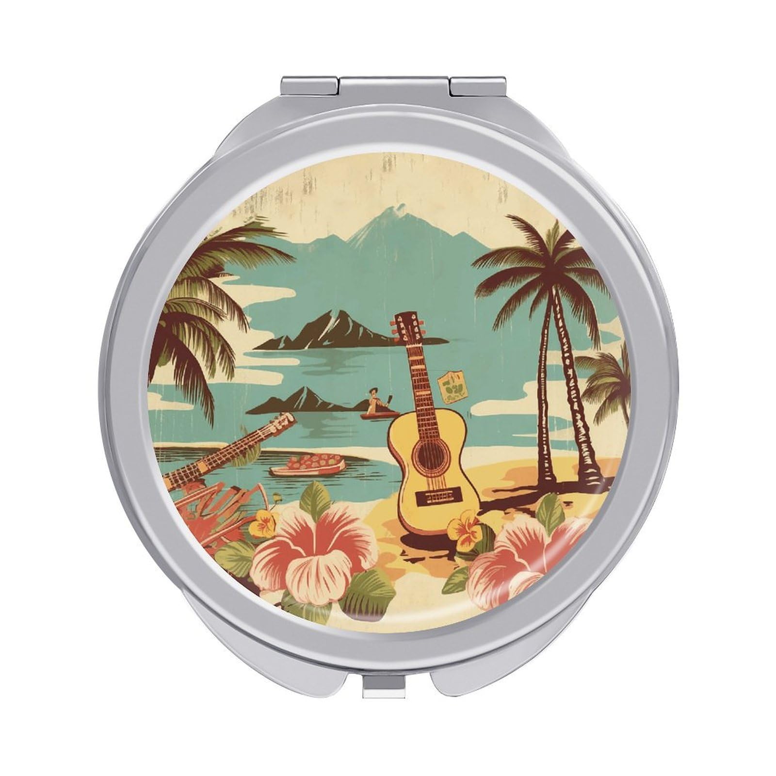 VstaDank Vintage Hawaii Travel Makeup Mirror Cute Compact Mirror for Women 1X/2X Magnifying Metal Pocket Makeup Mirrors Folding Round Makeup Mirrors for Handbag Wallet & Gift