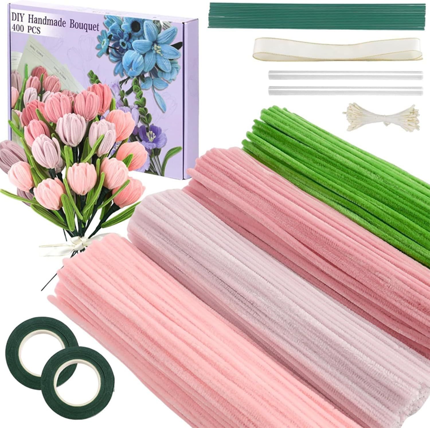 400 Pcs Pipe Cleaners Craft Kit with Floral Wires Tape Stamen and Ribbon