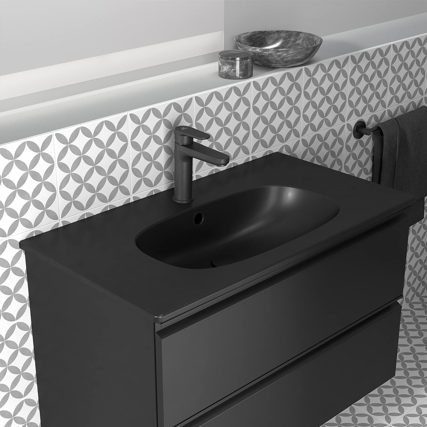 Ideal Standard Cerafine O Waschtischarmatur, Auslaufhöhe 122 mm, wassersparender Wasserhahn Badezimmer, mit Ablaufgarnitur, schnelle Montage – Schwarz Matt (50x166x176 mm)