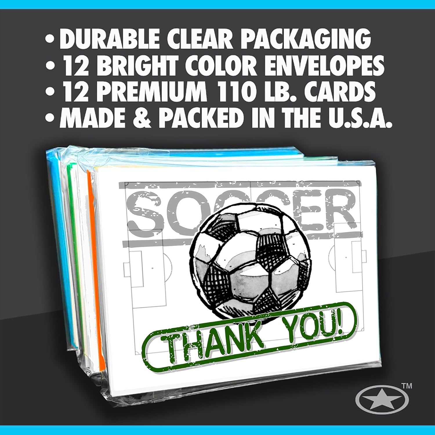 Play Strong Soccer Thank You Note Cards 12-Pack (4.25"x5.5") Illustrated Sports Powercard Note Card Set 12-Pack Perfect for Soccer Players, Coaches, Fans and Fanatics - They'll Love 'Em!