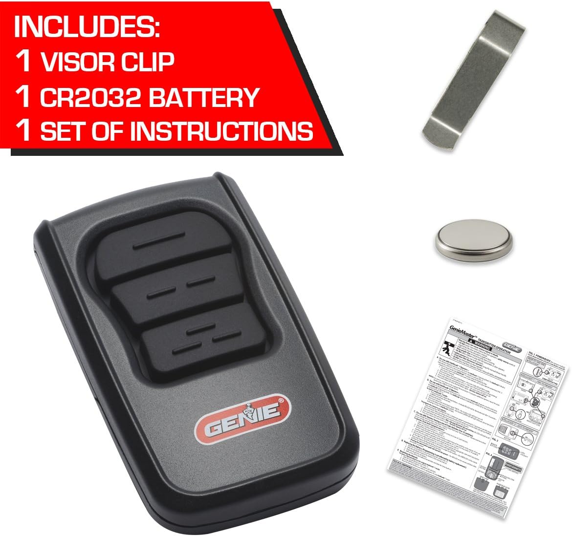 GenieMaster 3-Button Garage Door Opener Remote - Compatible with Genie Garage Door Openers Made Since 1993 with Intellicode Technology and/or 9/12 Dipswitches - Model GM3T-R