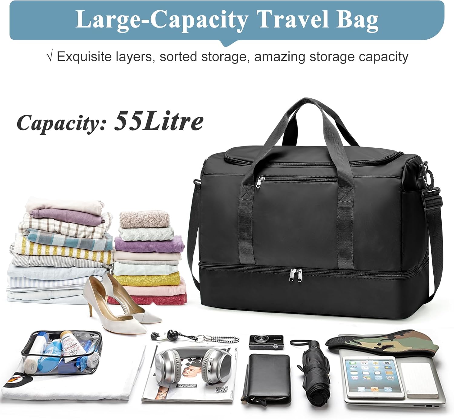 Extra Large Travel Duffle Bag,Carry on Overnight Weekend Bag with Shoes Compartment,Weekender Bags for Women for Travel Business Trips Sport Hospital - Image 3