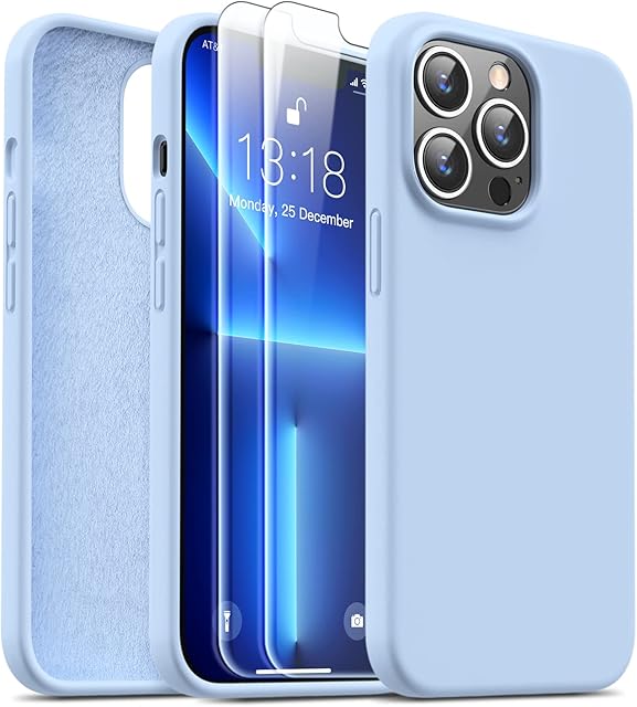 JASBON Designed for iPhone 13 Pro Case with 2 Pack Screen Protector, Liquid Silicone Ultra Slim Shockproof Protective Phone Case with [Soft Anti-Scratch Microfiber Lining], 6.1 inch, Sierra Blue