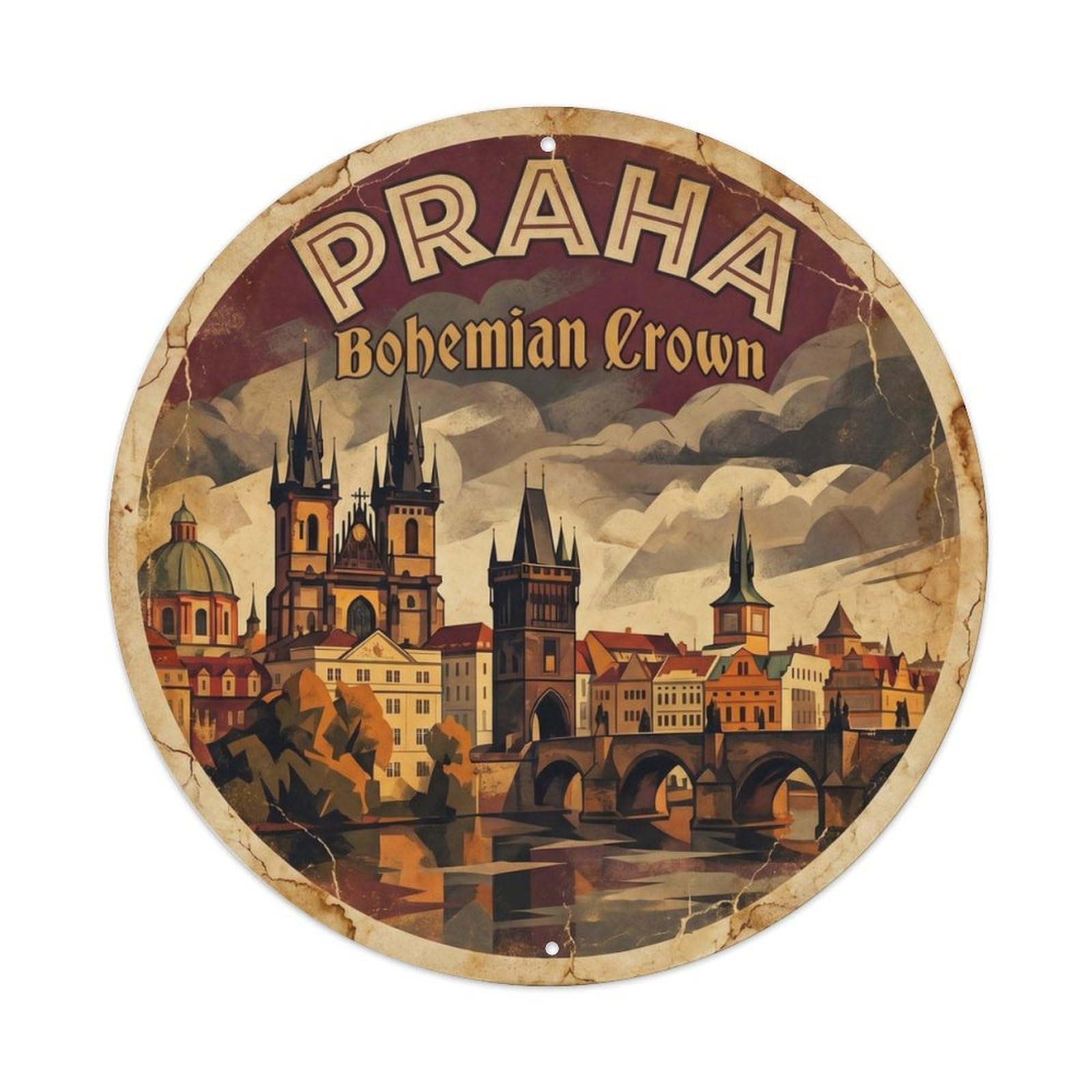Vintage Travel Prague Oldtown Bohemia Metal Tin Sign Plaque Wall Decor for Cafe, Club, Garden Round Metal Poster 8x8Inch