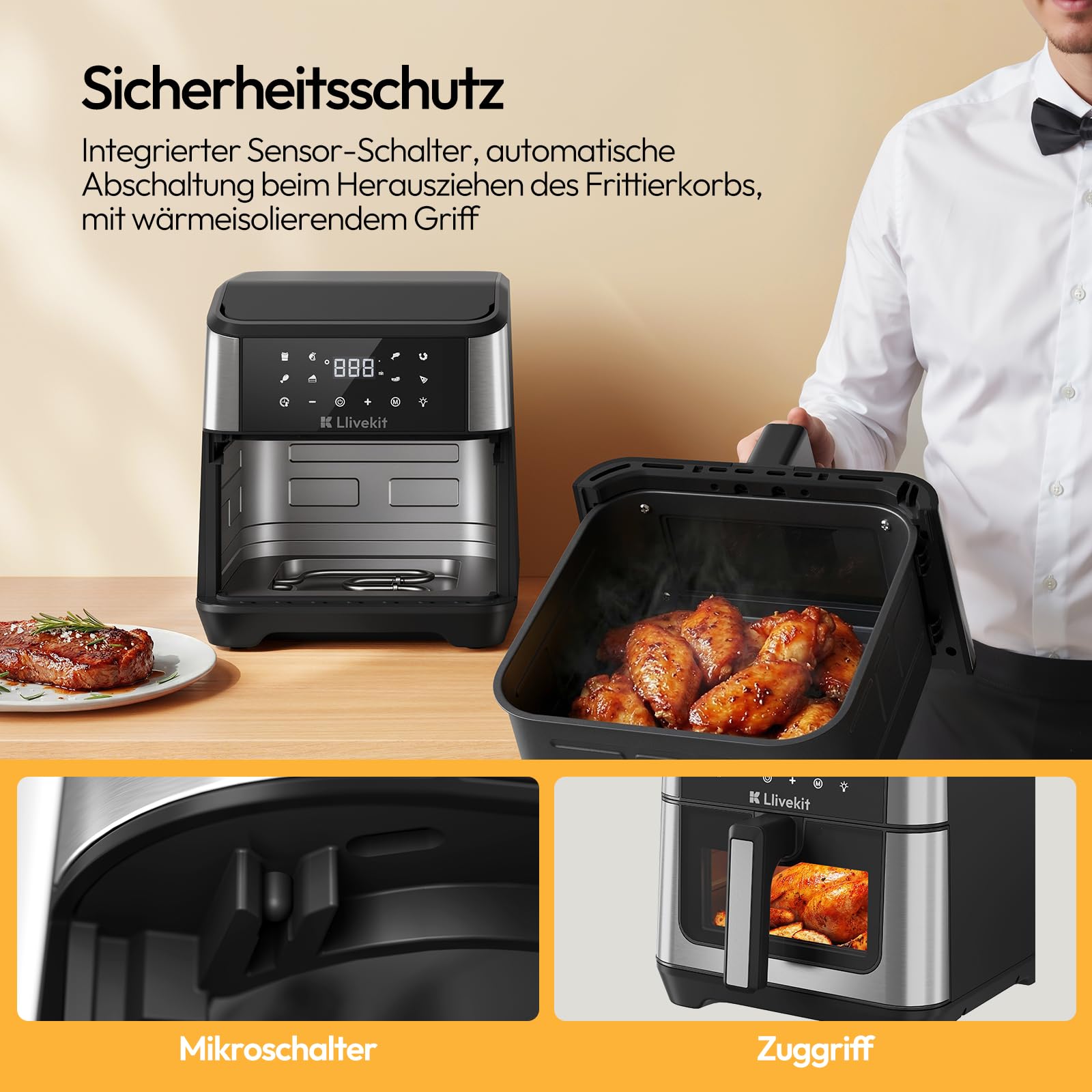 LLIVEKIT 8,5L Dual Blaze Heißluftfritteuse XXL Doppelheizquelle(Oben+Unten) | Airfryer mit 360° Heißluftzirkulation, 95% weniger Fett, Sichtfenster mit Innenbeleuchtung, 8 voreingestellte Programme