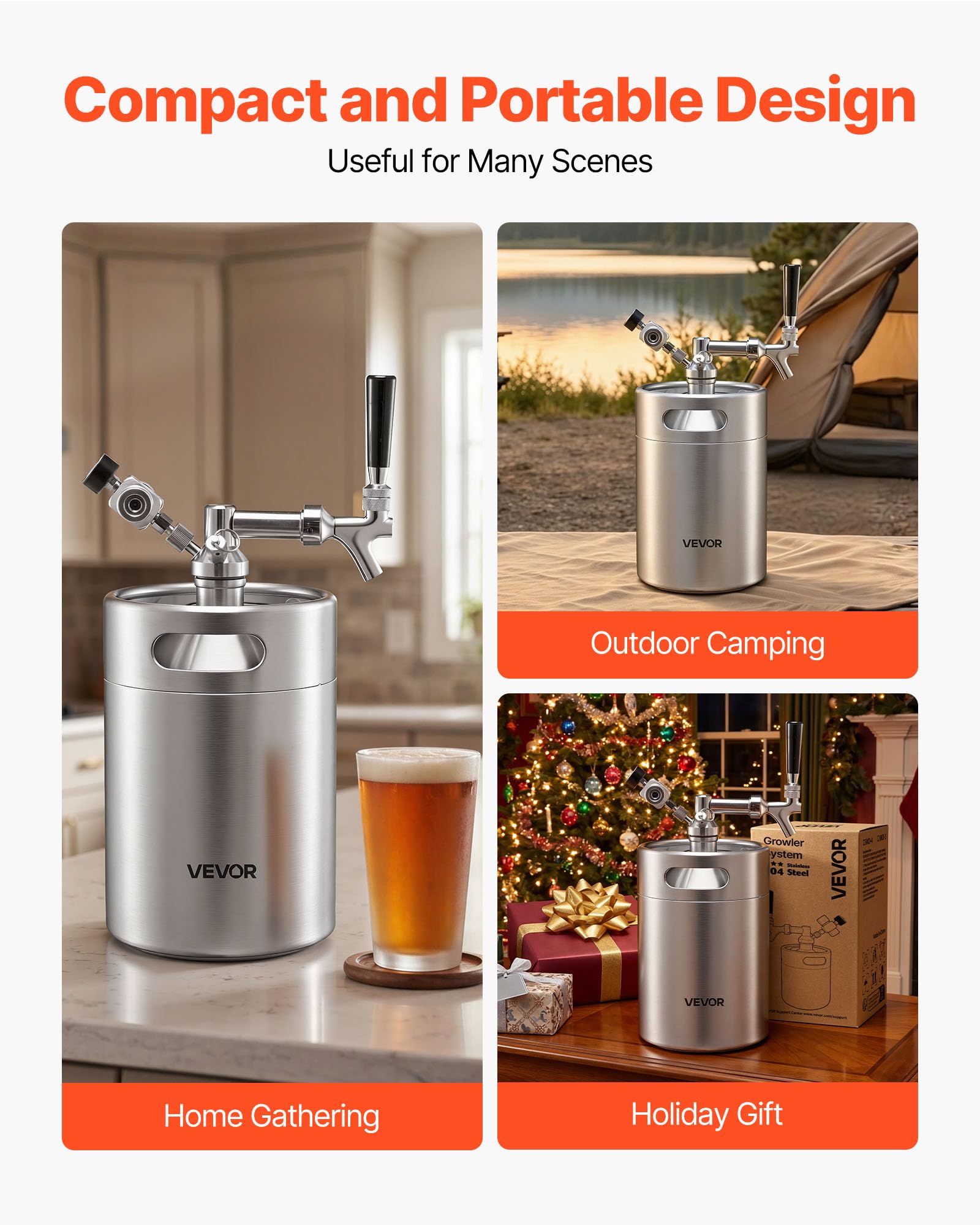 VEVOR Mini Fût 5 L Tireuse de Bière Portable en Acier Inoxydable 304, Système de Tirage sous Pression pour Soda Vin Jus de Fruit, Fût Pressurisé avec Régulateur CO₂ et Robinet à Fermeture Auto