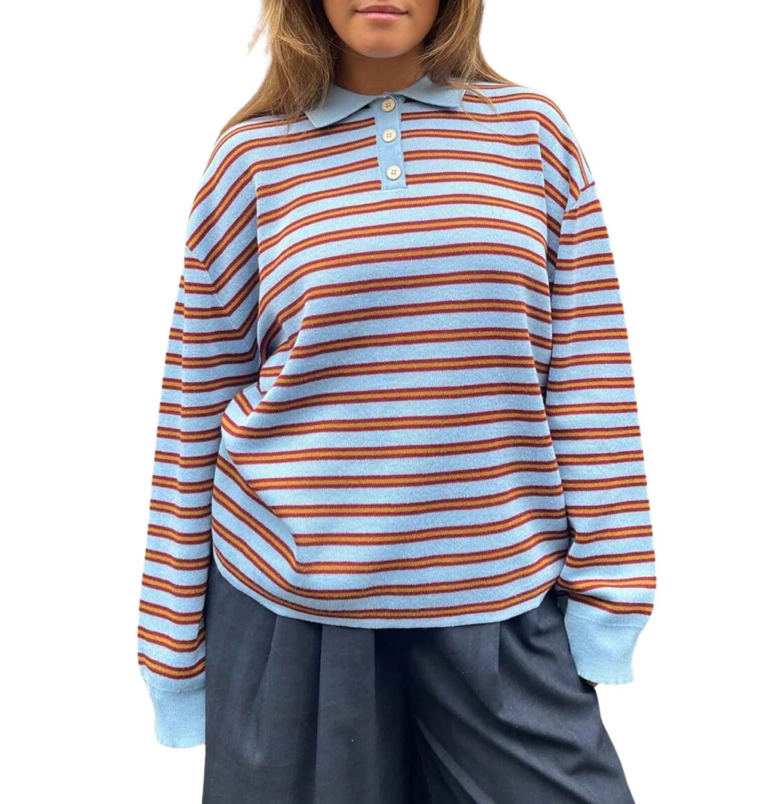 Argeousgor Women Y2k Striped Rugby Shirt Vintage Long Sleeve Collared Shirt Preppy Polo Sweatshirt Jersey Girls Streetwear Striped
