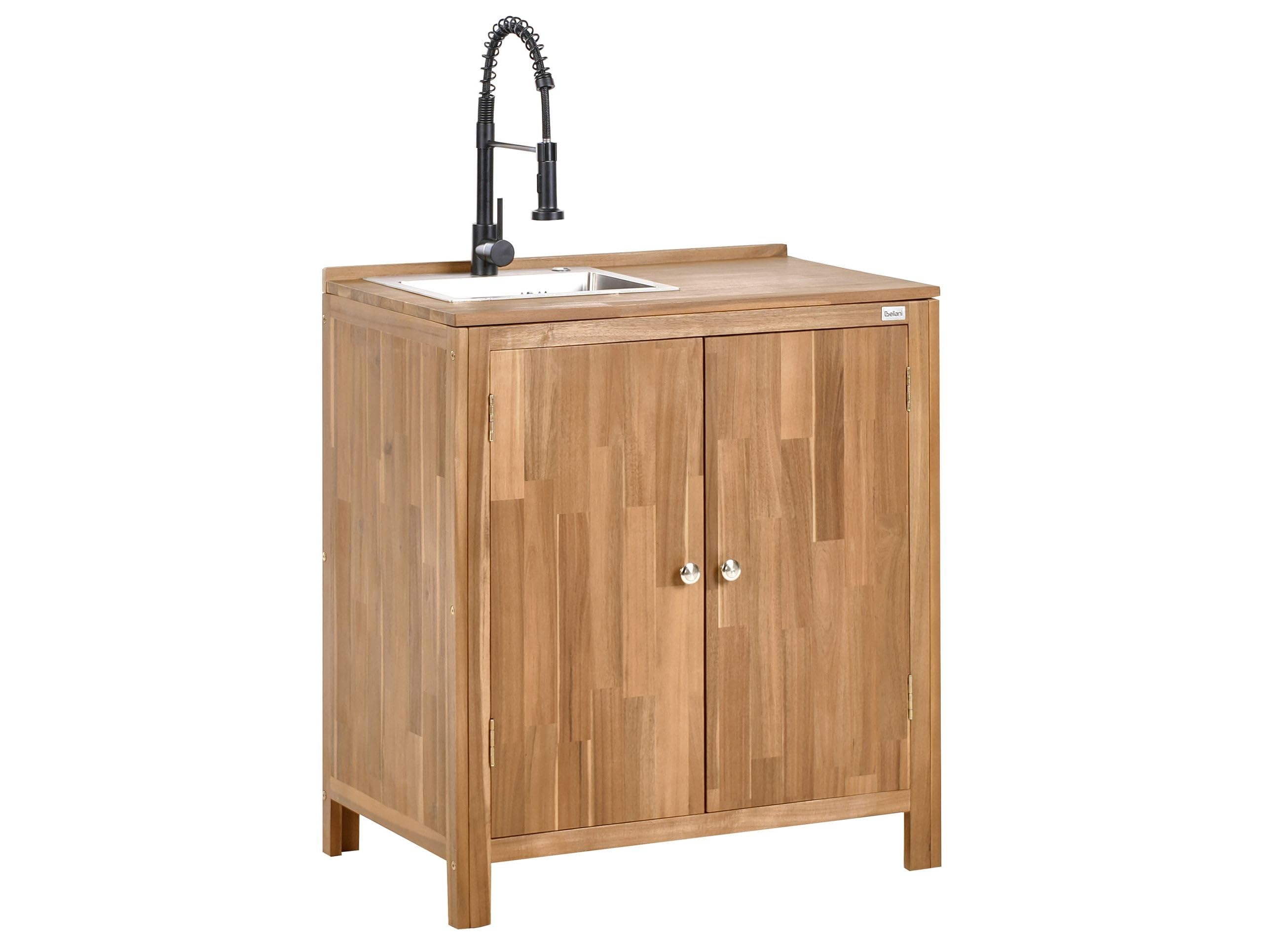 Beliani Outdoor-Küchenschrank Akazienholz braun/schwarz mit Türen Spüle Armatur Venosa
