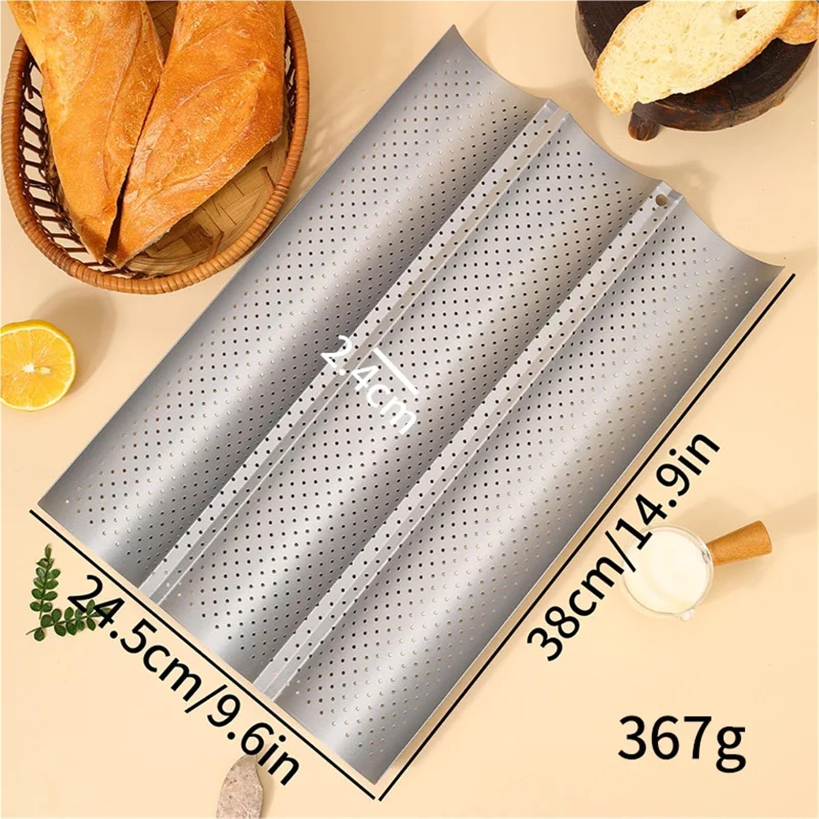 Molde antiadherente perforado for hornear pan francés, de acero al carbono, for baguettes 4 ondas, bandeja cocina(Silver 3)