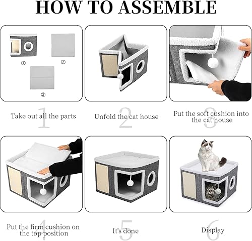 Miniatura 8 de Camas para gatos de interior, cueva grande para gatos con condominio acogedor, bola colgante esponjosa, ventana redonda, casa plegable para gatos de