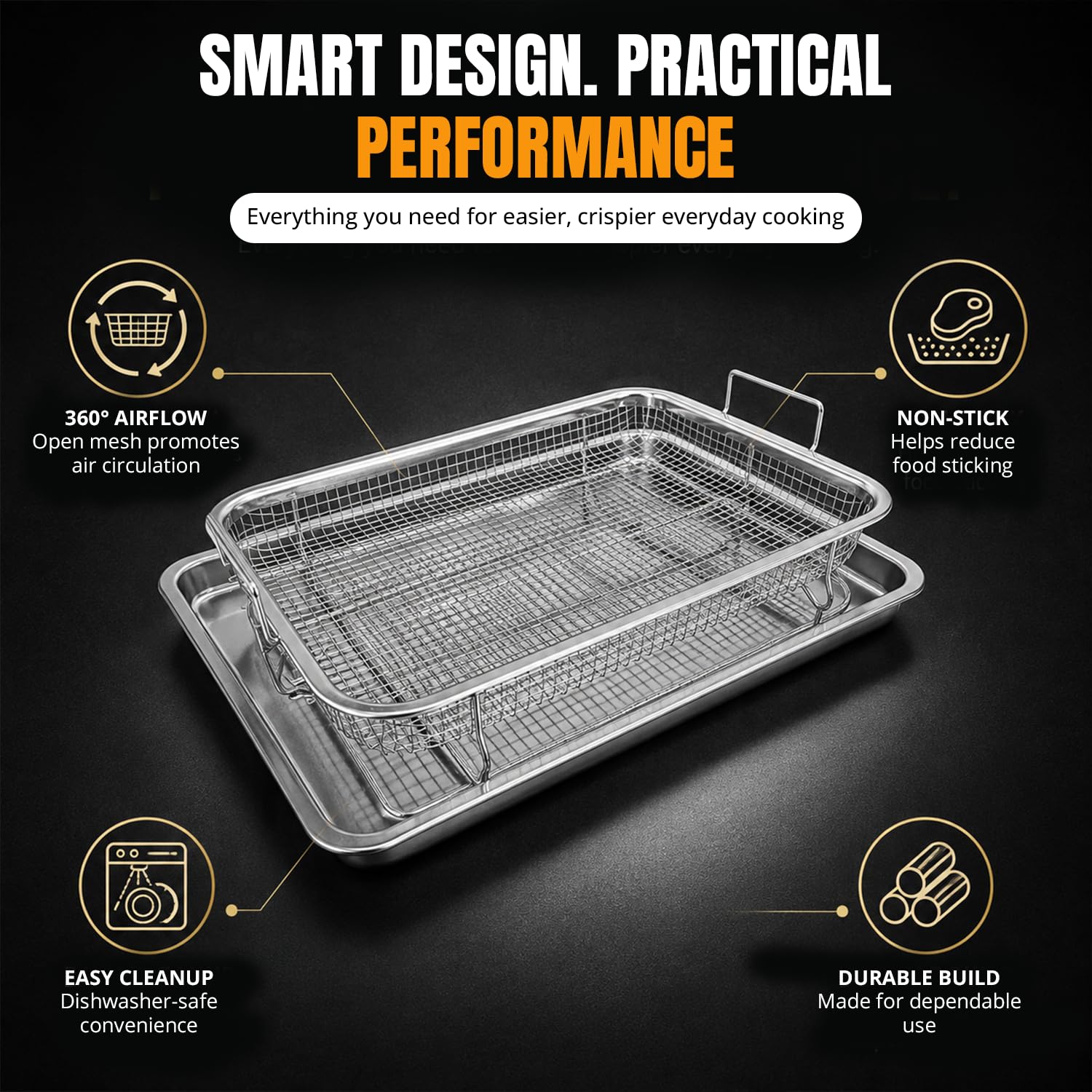 Karomouj 2-Piece Stainless Steel Air Fryer Crisping Basket & Baking Tray Set | Non-Stick Mesh Baking Rack for Oven | Ideal for Crispy Fries, Chicken, Fish, Vegetables & Dehydrating | Silver — Amazon image 2