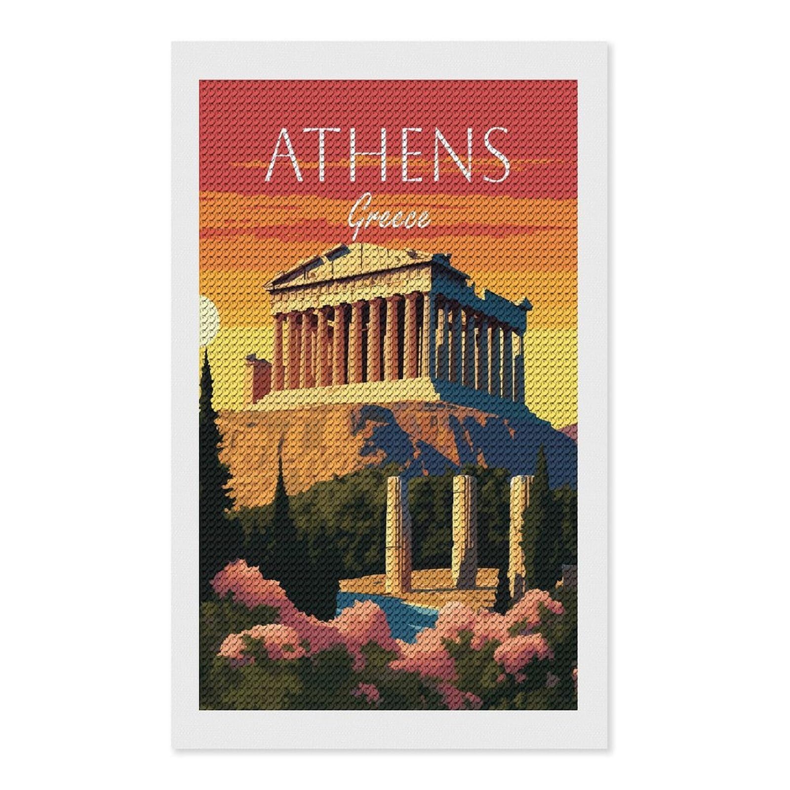 Junmoney Athens, Greece Sunset DIY Diamond Art Canvas Kit 12"x20", Pleasing Wall Art Project, Easy Handmade Project, Living Room Decor