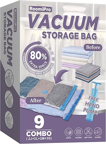 RoomiPro Bolsas de almacenamiento al vacío que ahorran espacio, 9 bolsas selladoras al vacío con bomba, bolsas selladas al vacío para ropa,