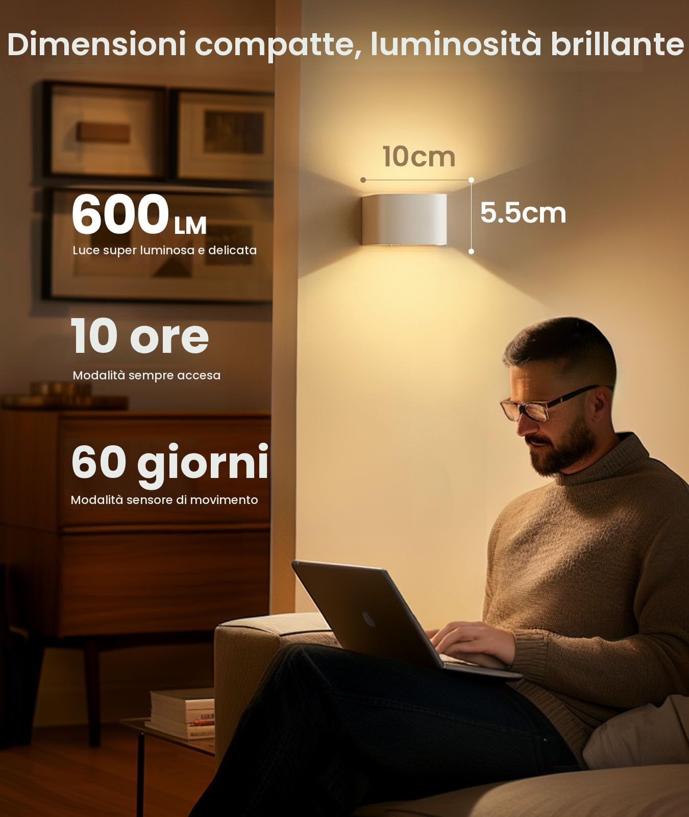 FULEN Lampada da Parete con Sensore di Movimento con Telecomando, 3 Colori, Senza Fili, LED da Interno,Luce a Parete su e Giù, Batteria Ricaricabile da 5000mAh, Regolabile in Luminosità,Bianco 2 Pezzi