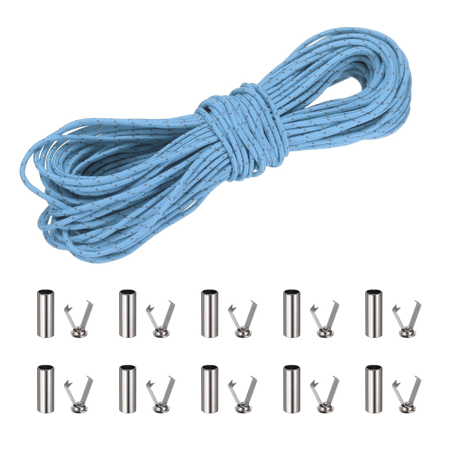sourcing map 2mm Reflective Guyline Camping Paracord, 65ft Thin Reflective Cord Rope with Cord End Caps for DIY Shoe Laces, Tarp Hiking Tent Camping, Light Blue