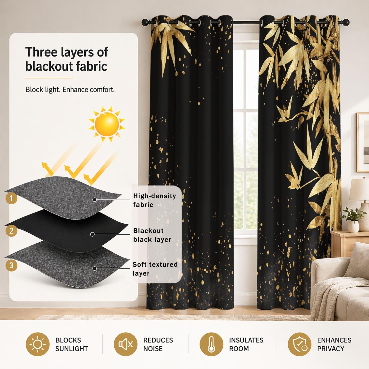 Générique Feuilles Bambou Dorées Éclaboussures Encre Rideau à œillets Luxe Abstrait Thermique, Séparateur de pièce, Occultant, Rideau de fenêtre Chambre Salon L 140 x H 180 cm 2 Panneaux Simples