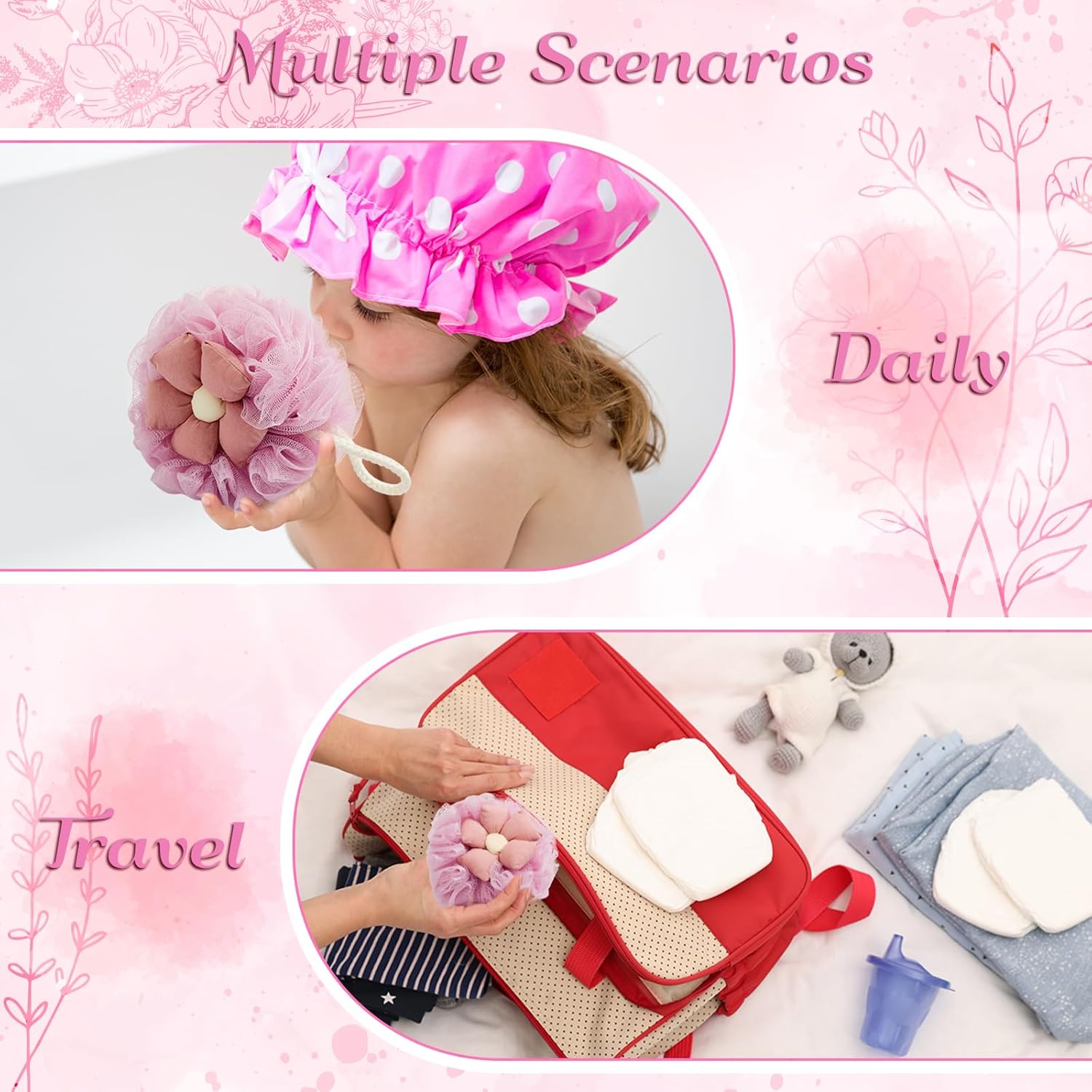 2 Pack Cute Flower Loofah for Women, Bath Loofah Sponge, Mesh Pouf Flower Body Scrubber, Exfoliating Shower Sponge, Bath Scrubber for Sensitive Skin in Beauty Bathing Accessories(Pink) - Image 7