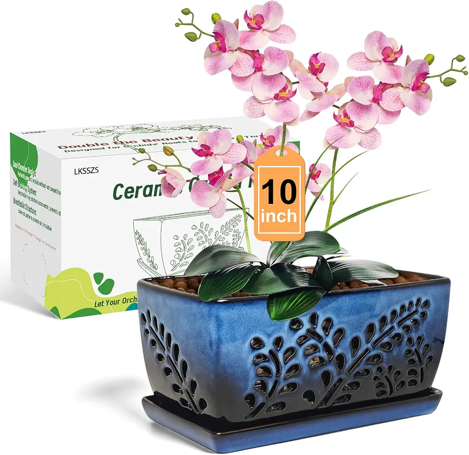 Vaso de orquídea de cerâmica de 25 cm para Phalaenopsis - Vaso de flores feito à mão para interior com orifício de drenagem e pires, decoração de casa moderna elegante (azul e preto)