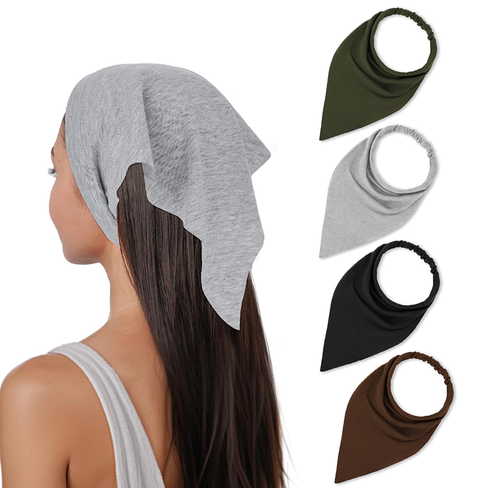 SibbaTriangle Bandana 4 Pcs Elastic Headband Boho scarf Non Slip Headscarves Coverings Neck Wraps Solid Large Cotton Cloths Stretch Headpiece for Women Men Travel Party