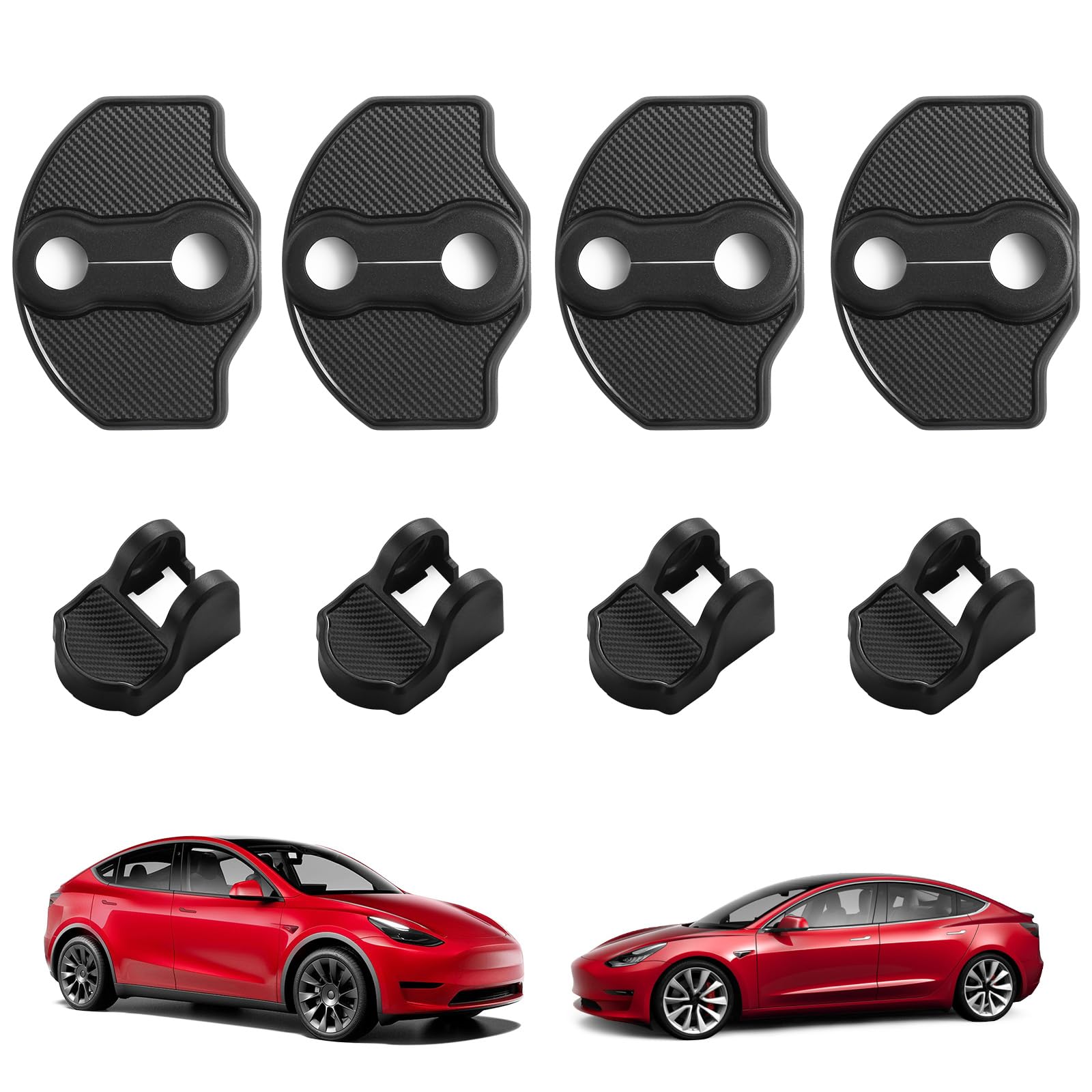 BASENOR 2026 2025 Tesla Model Y Juniper Model 3 Door Lock Cover Protector [Carbon Edition] [No Tape Requried], Door Striker Latches Stopper Covers for 2017-2026 Model Y (8PCS)/Model 3 (6PCS)