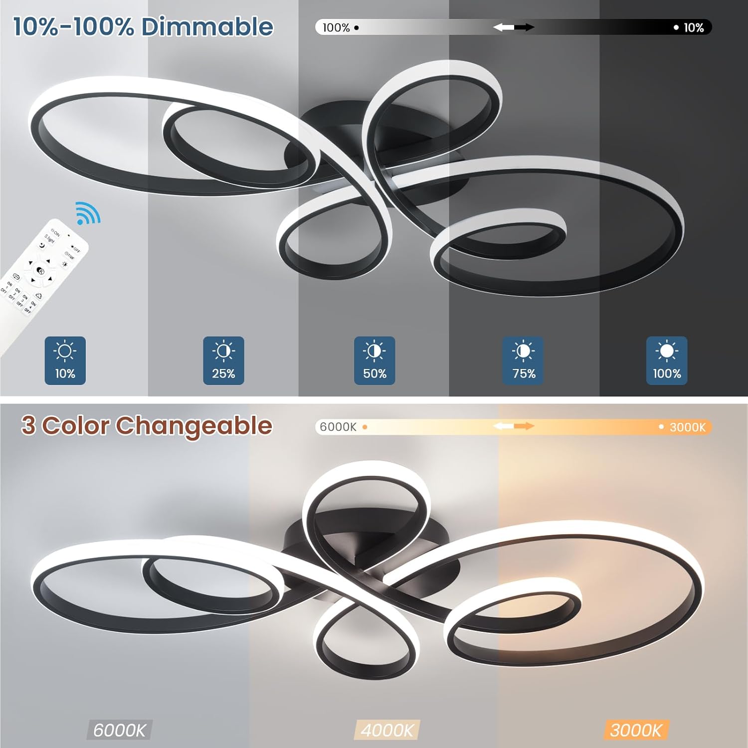 66W Modern LED Ceiling Light, Flower Flush Mount Light Fixture with Remote Control Black Dimmable Ceiling Lamp for Living Room, Bedroom, Dining Room, Hallway, Kitchen Black,31.89Inch