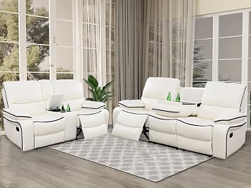 Leather Recliner Sofa and Loveseat Set for Living Room - White Reclining Sofa and Loveseat PU Leather