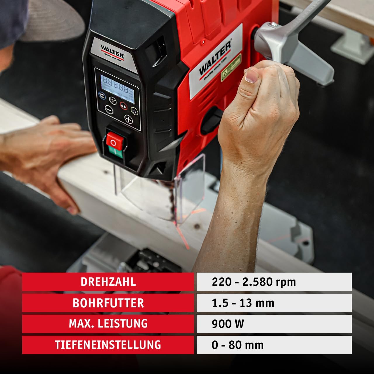 WALTER Tischbohrmaschine 900 W, Standbohrmaschine mit Digitaldisplay für einfache Bedienung, Kreuzlinienlaser und praktisches LED-Arbeitslicht, Extra starke Ständerbohrmaschine/Säulenbohrmaschine