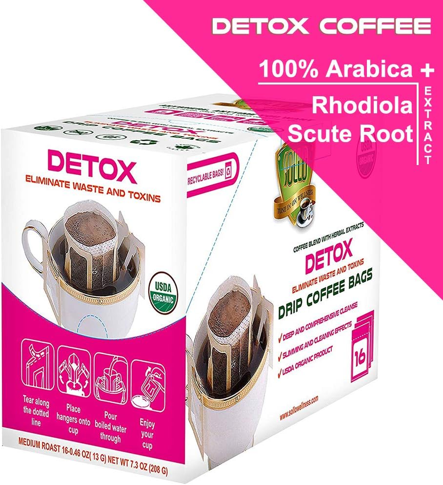 SOLLO Detox Coffee Bags 16 Per Pack 100% Arabica Coffee with Active Herbal Extracts Weight Loss, Diet, Slimming and Cleaning, USDA Organic, Drip Brewing Bags