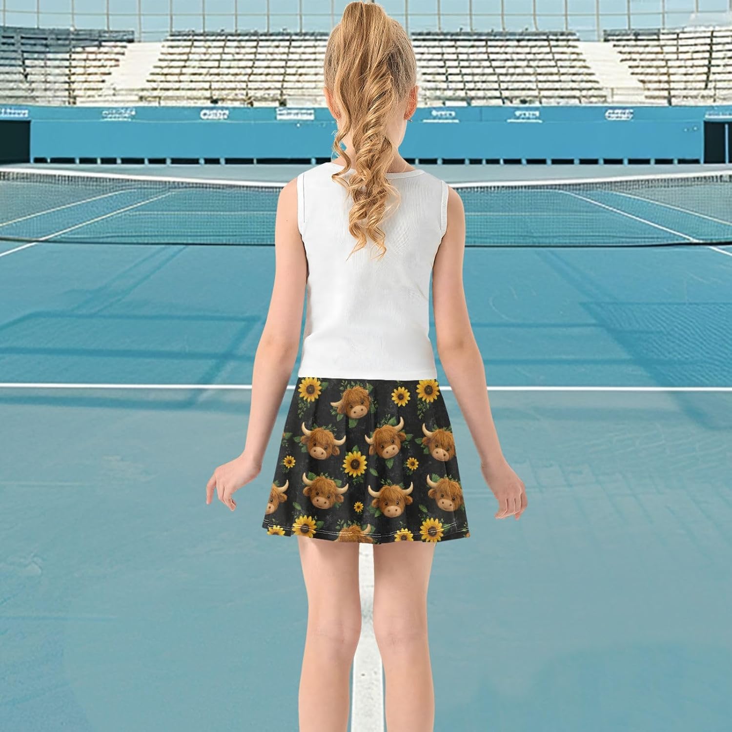 visesunny Sweet Cow Sunflower Girl's Golf Skirt Athletic Tennis Skort Sport Activewear with Double Layer Pockets
