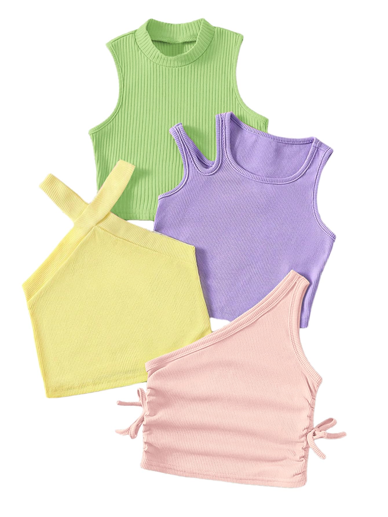 OYOANGLE Toddler Girl's 4 Pack Ribbed Knit Crop Tank Tops Summer Camisole | One Shoulder, Crewneck, Cut Out, Sleeveless, Cute, Summer Casual, Crop Tops for Kids
