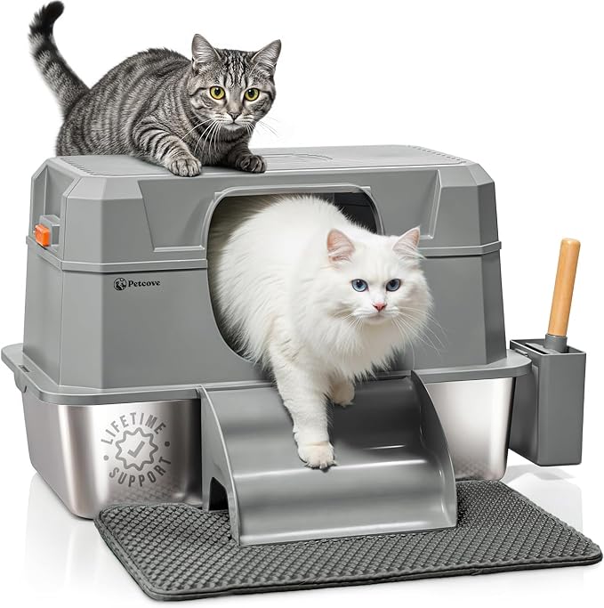 PetCove IronPaws Stainless Steel Litter Box with Lid — XL 3-in-1 Enclosed Litter Box for Indoor Cats — Includes Carbon Odor Control, Steps, Mat &amp; Scoop