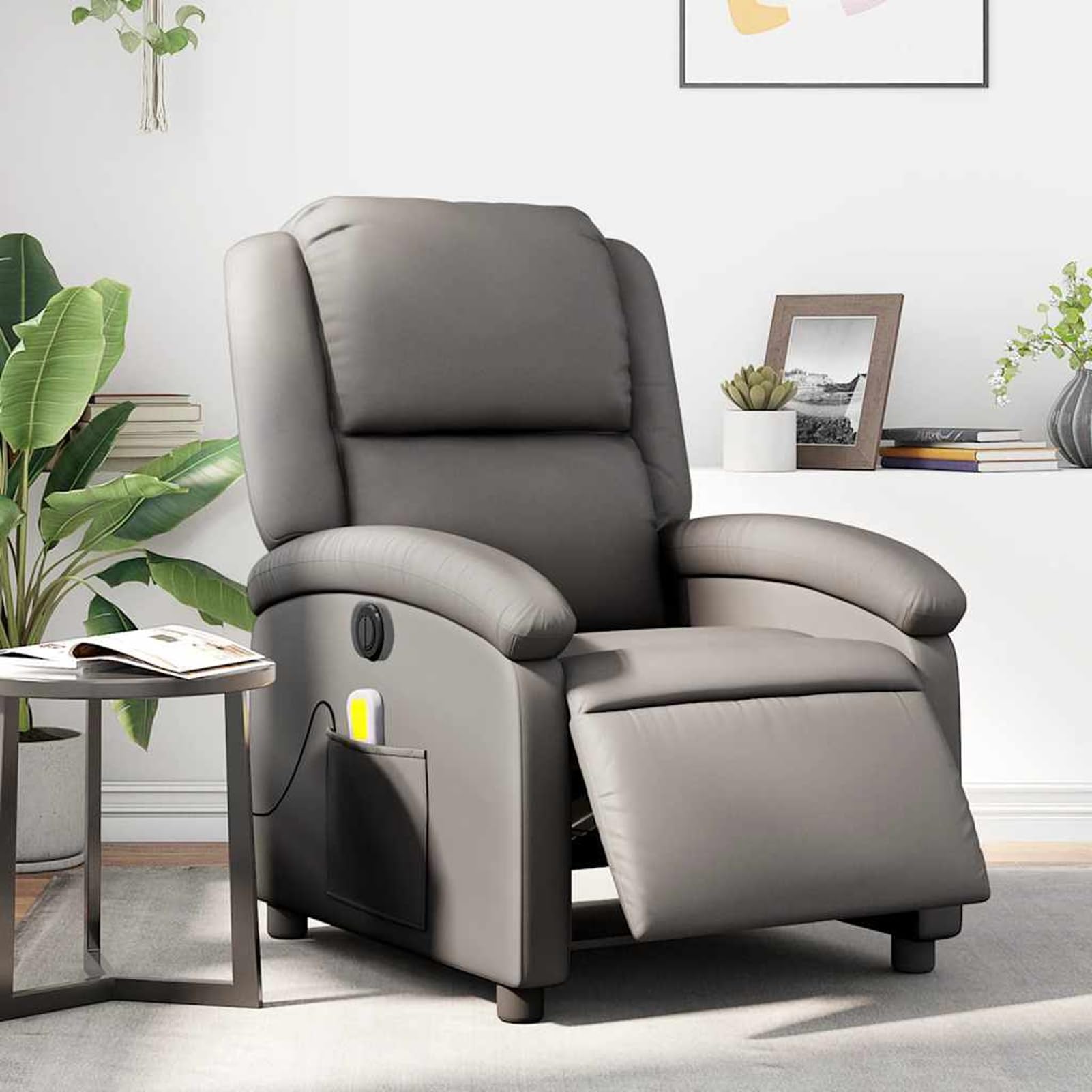 Sillón de masaje eléctrico gris de piel auténtica, 71 x 86,5 x 99,5 cm, 6 puntos de vibración, con función reclinable eléctrica para adultos