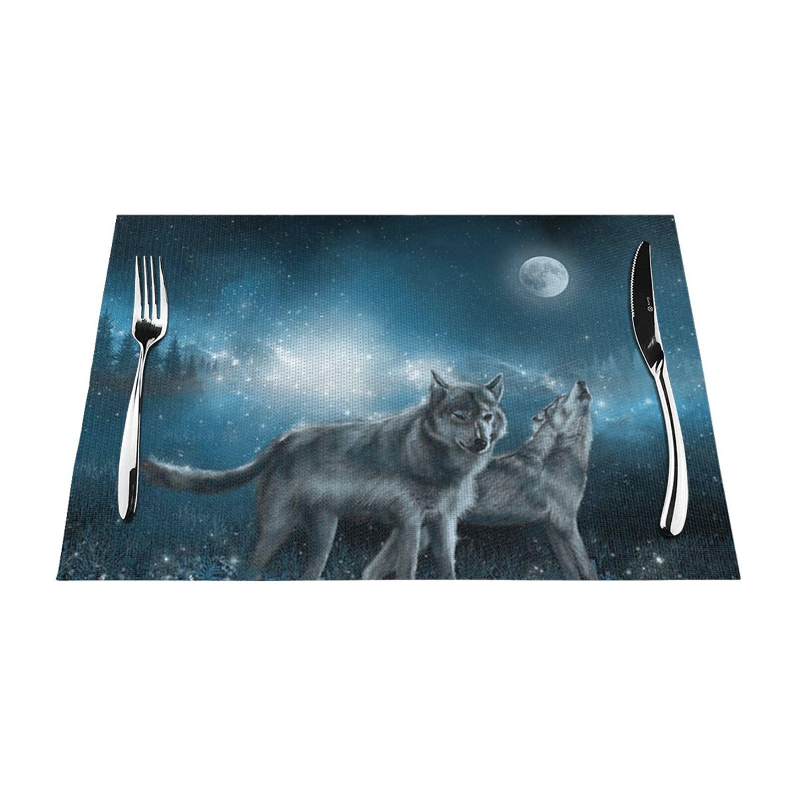 PVC Placemat Set of 4 PCS, 45x30 CM, Wolf in the Moonlight Printed Non-Slip Heat Resistant Place Mats for Kitchen Dining Table Indoor Outdoor