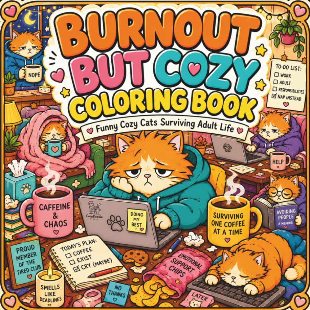 Burnout But Cozy Coloring Book: Funny Cozy Cats Surviving Adult Life