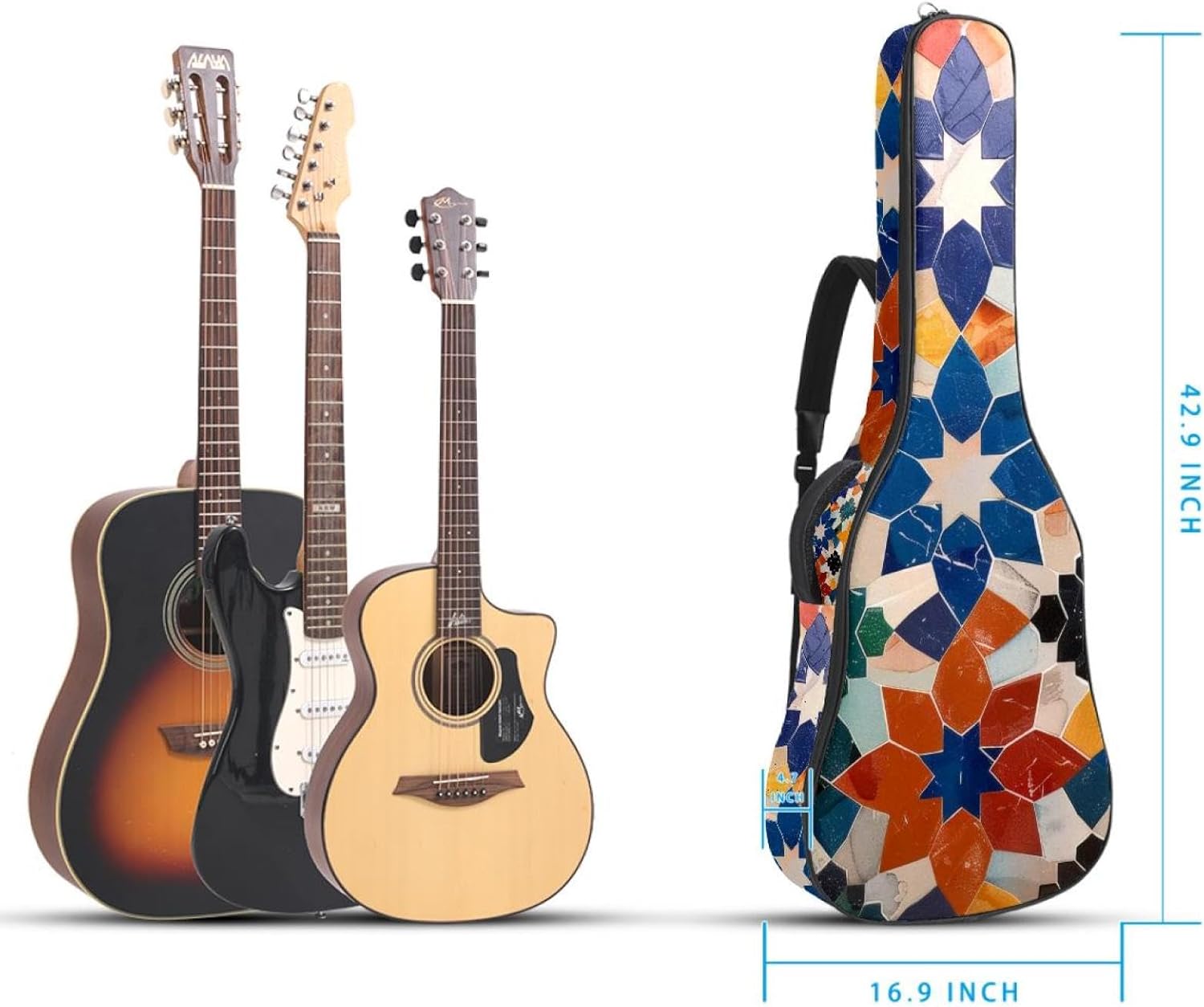 Acoustic Guitar Bag 0.4 Inch Thick Padding Waterproof Guitar Case Gig Bag for 40 41 42 Inch Electric Bass Classical Guitar, Colorful Moroccan Art Pattern