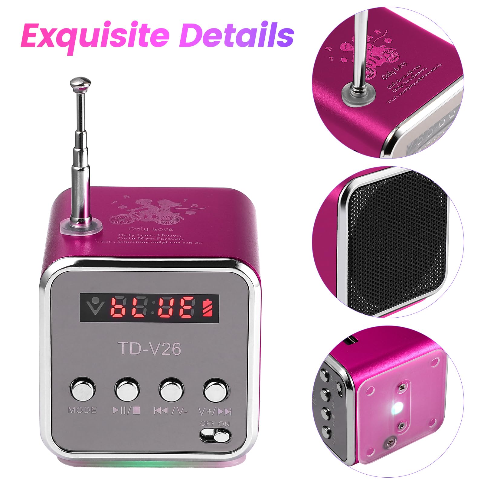 ULTECHNOVO Mini Radio Mit Batterie Td-V26 Mini Drahtloser Musikplayer Stereolautsprecher Mp3 Mp4 Musikplayer für Computer Handy Unterstützung für Micro/U-Disk, Rosig Radiowecker Rosa