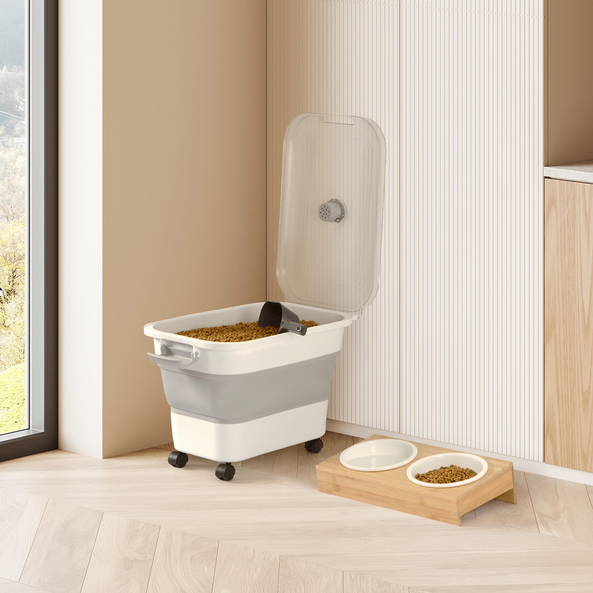 Love Story, Contenitore per crocchette retrattile 20L con paletta 44,8 x 28,3 x 28,1 cm Bianco Grigio
