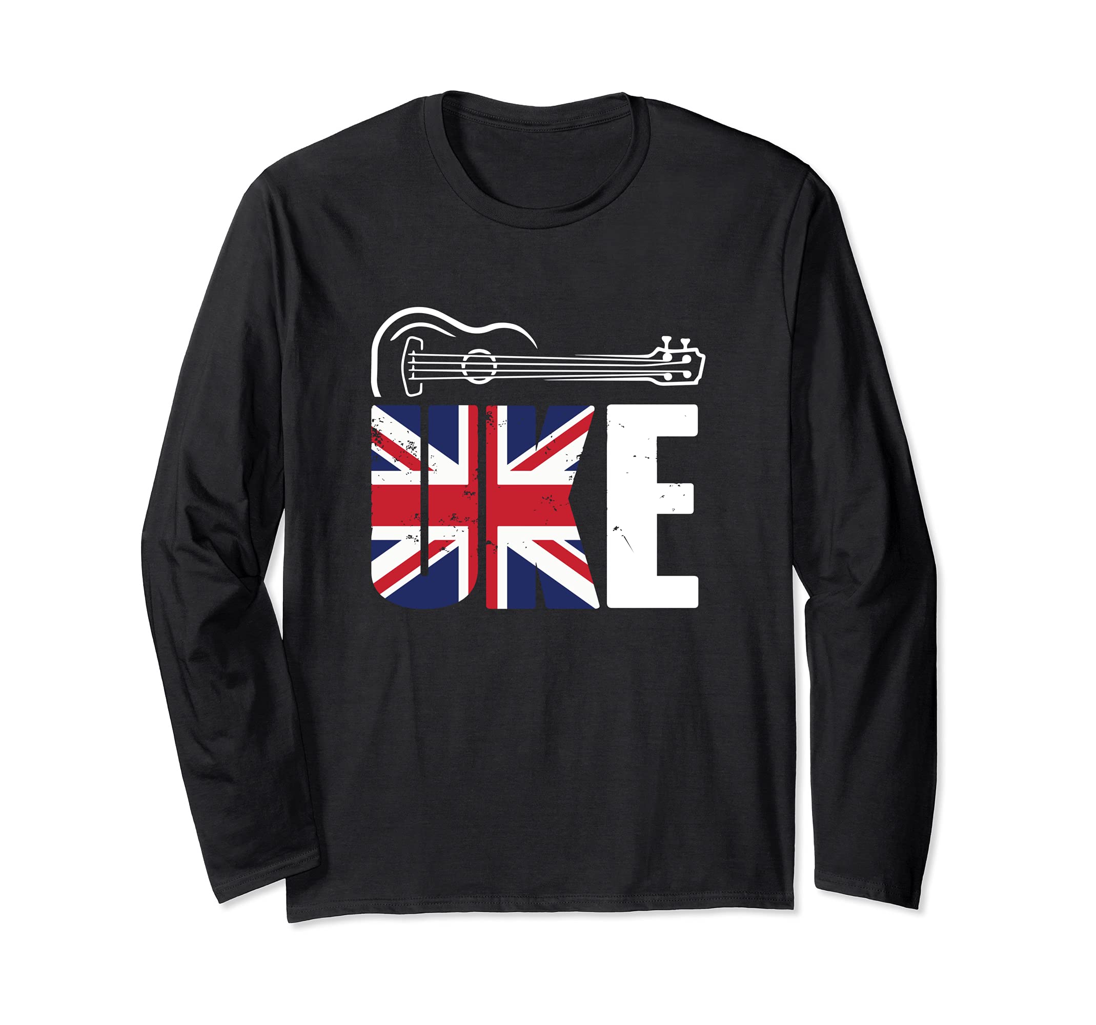 United Kingdom UK Ukulele Acoustic Hawaiian Musician Guitar Long Sleeve T-Shirt, Adult Unisex, Black, Large