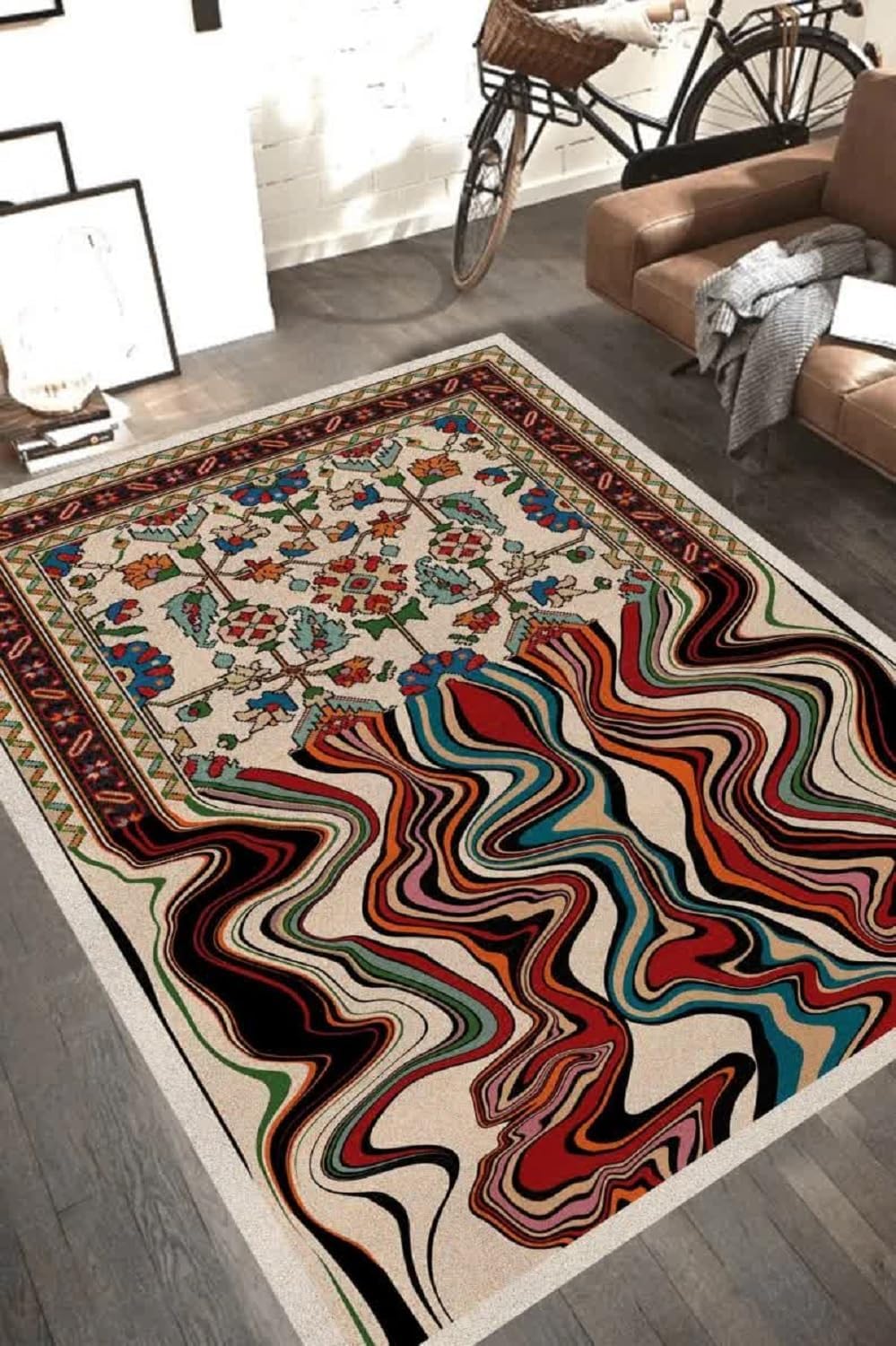 RestopuffHandmade Flower Multicoloured Irregular Area Rug 100% Imported Blended Wool Floral Area Rug (White Multi, 6 x 9 feet)