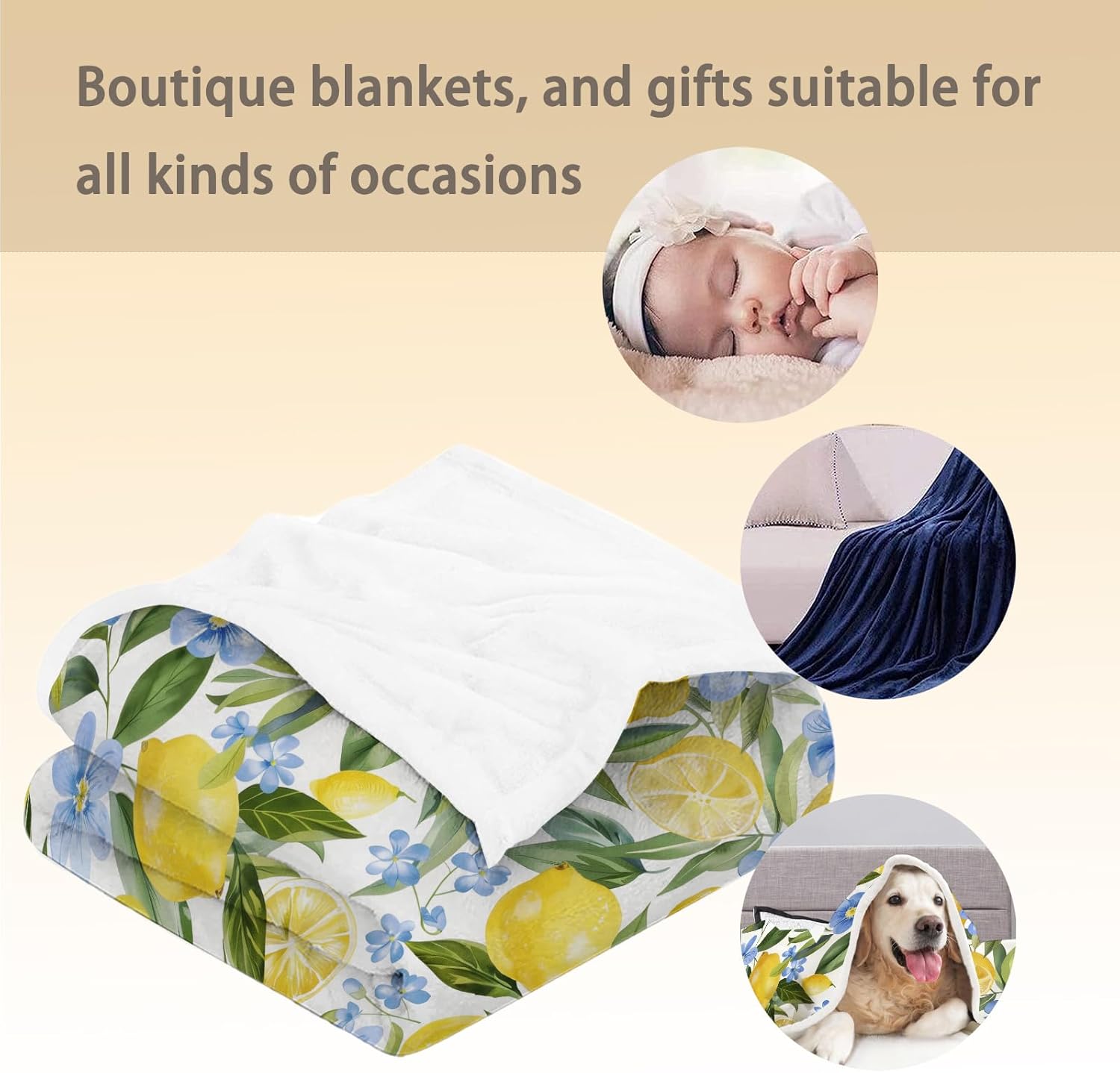 Lemon & Flowers Blanket, Soft Fuzzy Lightweight Flannel Throw Blanket Perfect for Couch, Bed, Travel & Outdoor Use, Warm Fluffy Cozy Decor Blankets for Women Men 60×50 in