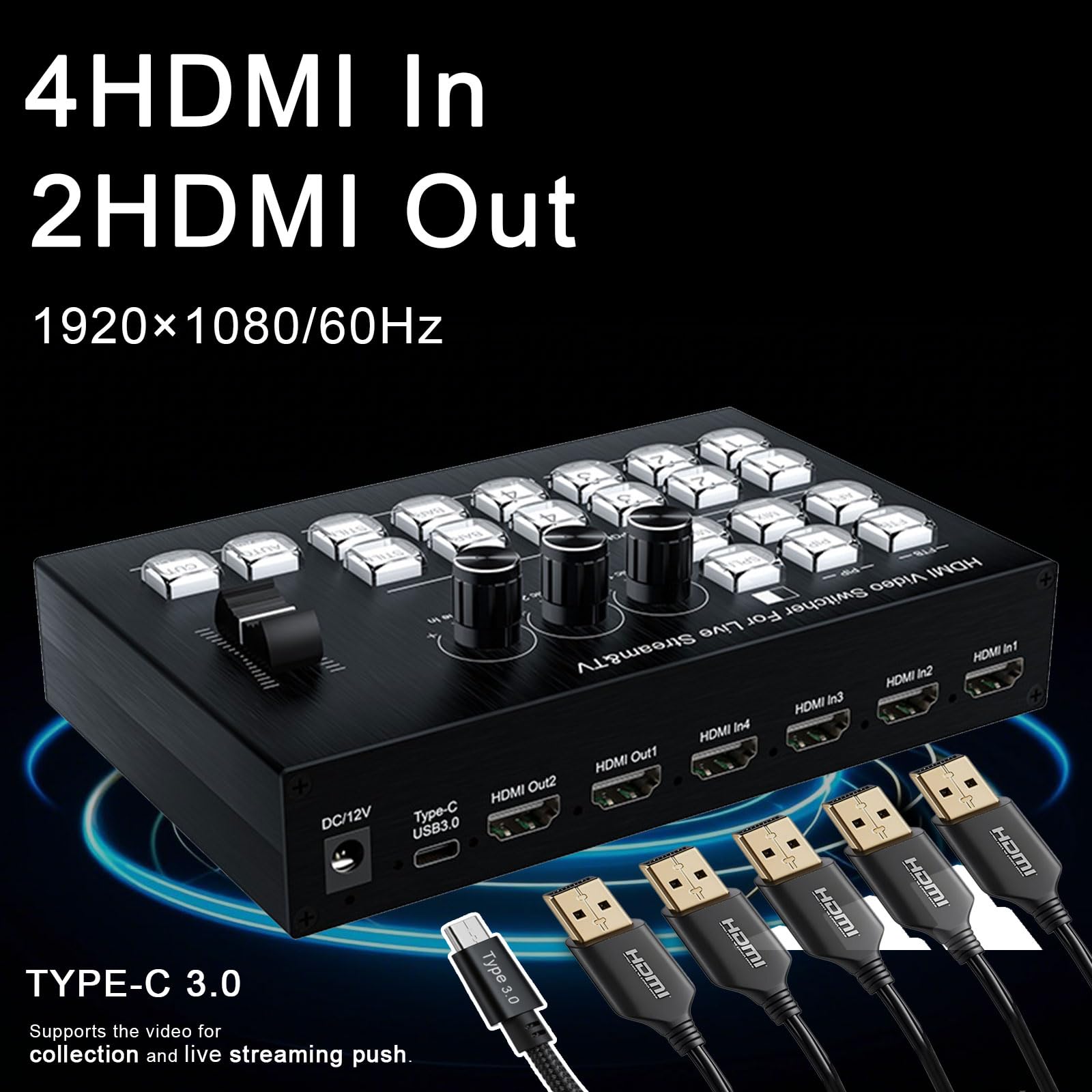 Live Streaming Video Mixer, 4 HDMI 4 Channel Input Video Switcher 2 Output HDMI Switcher, Support 1080P@60Hz, HDCP 1.4, Digital Audio Mixer Professional Streaming