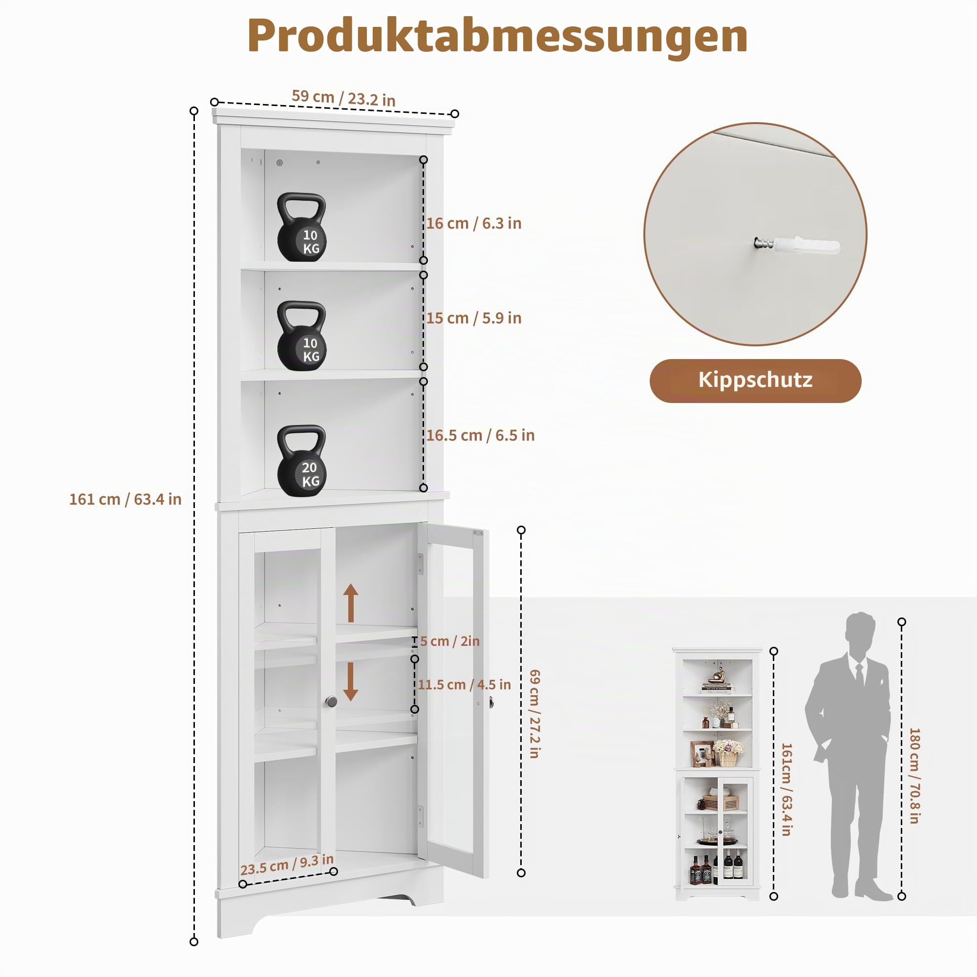 Garvee Vielseitige Eckvitrine im Landhausstil – Freistehender 5-stöckiger Schrank, 165 cm hoch, mit 3 verstellbaren Einlegeböden – Für Wohnzimmer, Küche, Esszimmer oder Bad – Weiß – Farbe: White